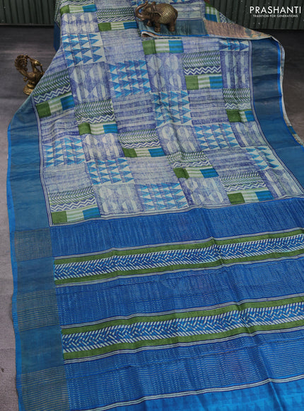 Pure tussar silk saree cream and cs blue with allover geometric prints and zari woven border