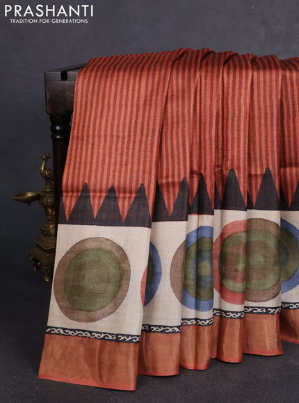 Pure tussar silk saree rust shade and cream with allover stripe pattern and zari woven border