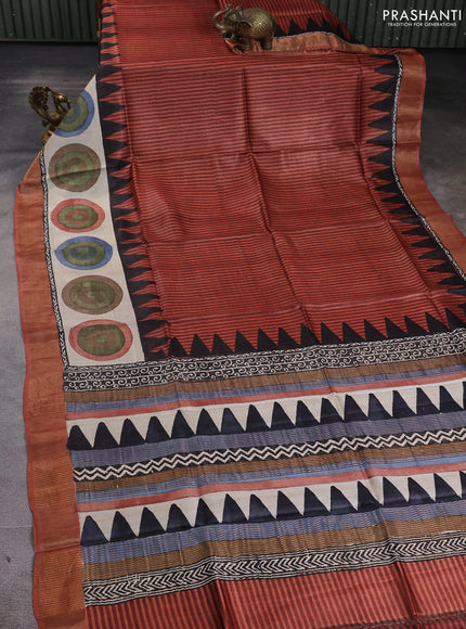 Pure tussar silk saree rust shade and cream with allover stripe pattern and zari woven border
