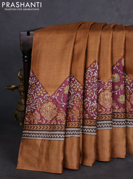 Pure tussar silk saree dark mustard and wine shade with prints and zari woven border