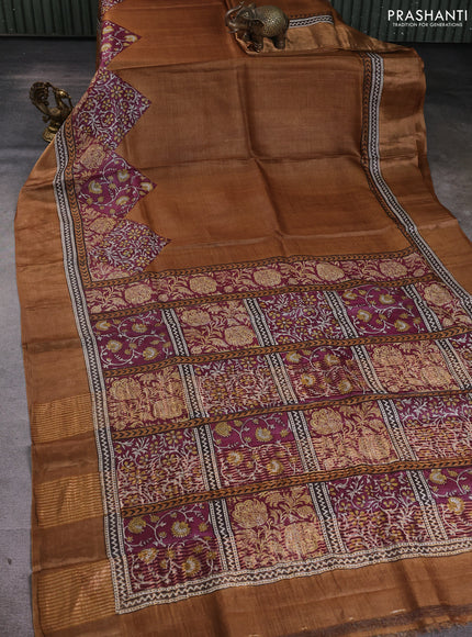 Pure tussar silk saree dark mustard and wine shade with prints and zari woven border