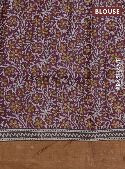 Pure tussar silk saree dark mustard and wine shade with prints and zari woven border