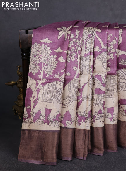 Pure tussar silk saree pastel purple and wine shade with kalamkari prints and zari woven border