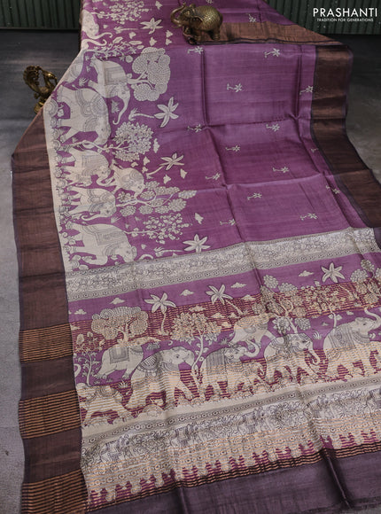 Pure tussar silk saree pastel purple and wine shade with kalamkari prints and zari woven border