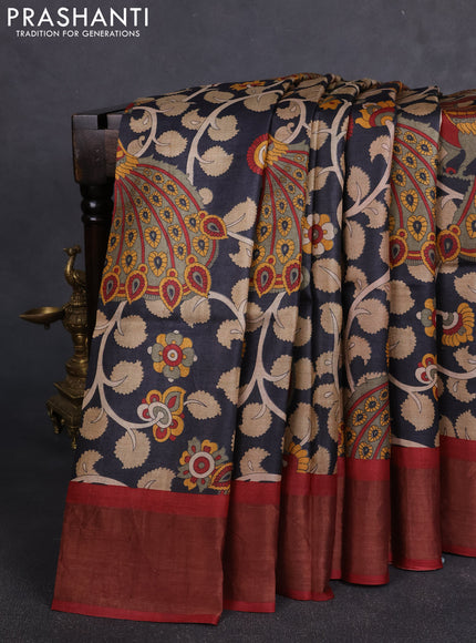 Pure tussar silk saree black and maroon with allover kalamkari prints and zari woven border