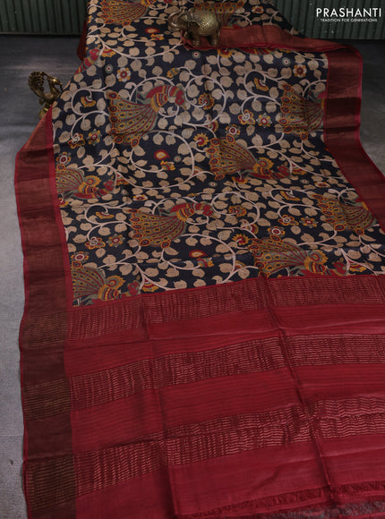 Pure tussar silk saree black and maroon with allover kalamkari prints and zari woven border
