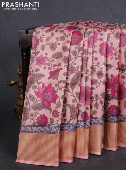 Pure tussar silk saree mild peach pink with allover floral prints and zari woven border