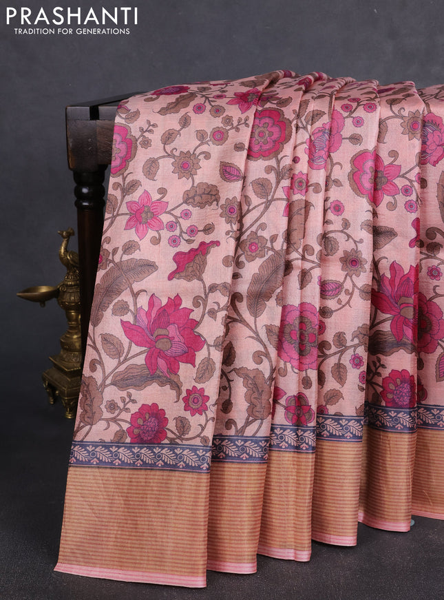 Pure tussar silk saree mild peach pink with allover floral prints and zari woven border