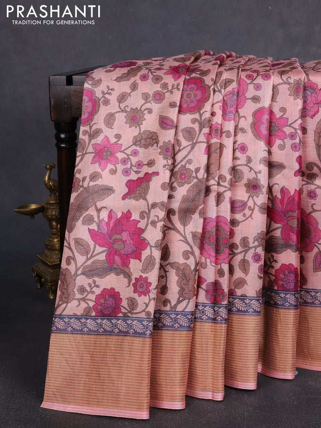 Pure tussar silk saree mild peach pink with allover floral prints and zari woven border