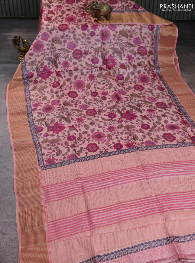 Pure tussar silk saree mild peach pink with allover floral prints and zari woven border