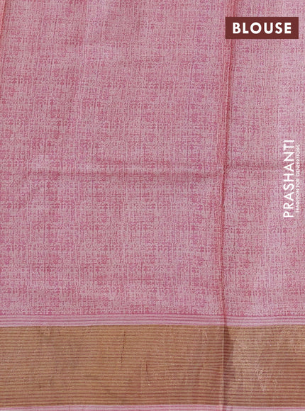 Pure tussar silk saree mild peach pink with allover floral prints and zari woven border