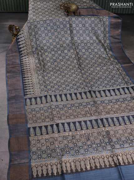 Pure tussar silk saree black and blue with allover ajrakh prints and zari woven border