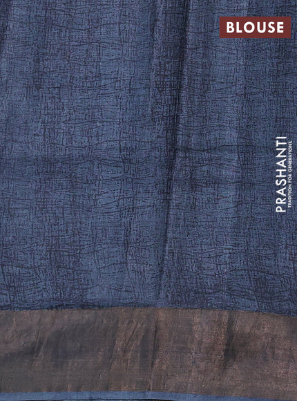 Pure tussar silk saree black and blue with allover ajrakh prints and zari woven border