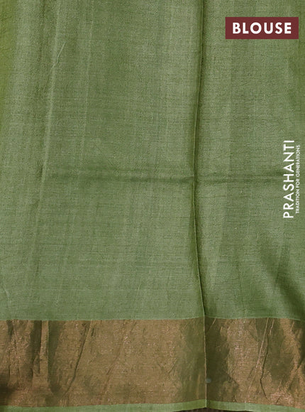 Pure tussar silk saree pale yellow and green with allover floral prints and zari woven border