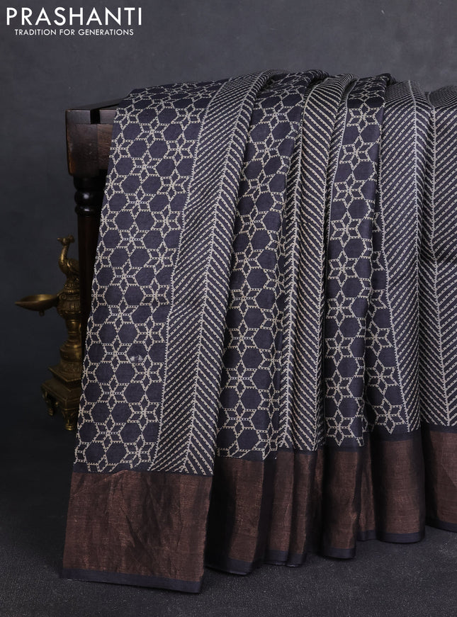 Pure tussar silk saree black with allover prints and zari woven border