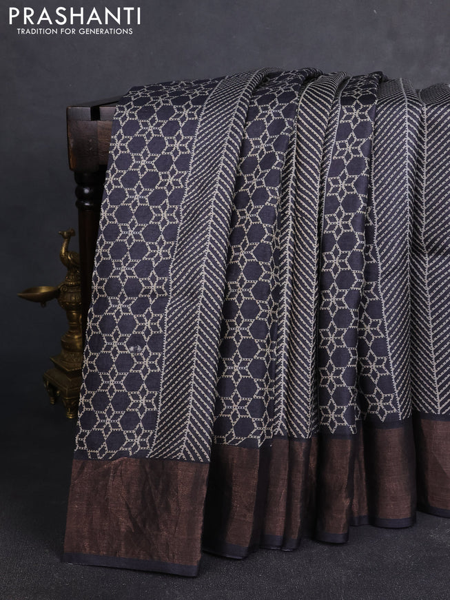 Pure tussar silk saree black with allover prints and zari woven border