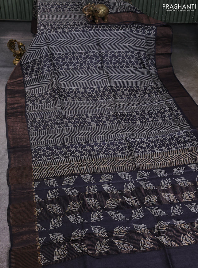 Pure tussar silk saree black with allover prints and zari woven border