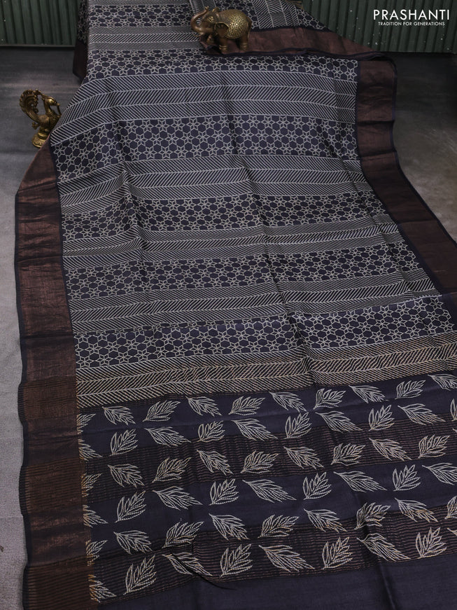 Pure tussar silk saree black with allover prints and zari woven border