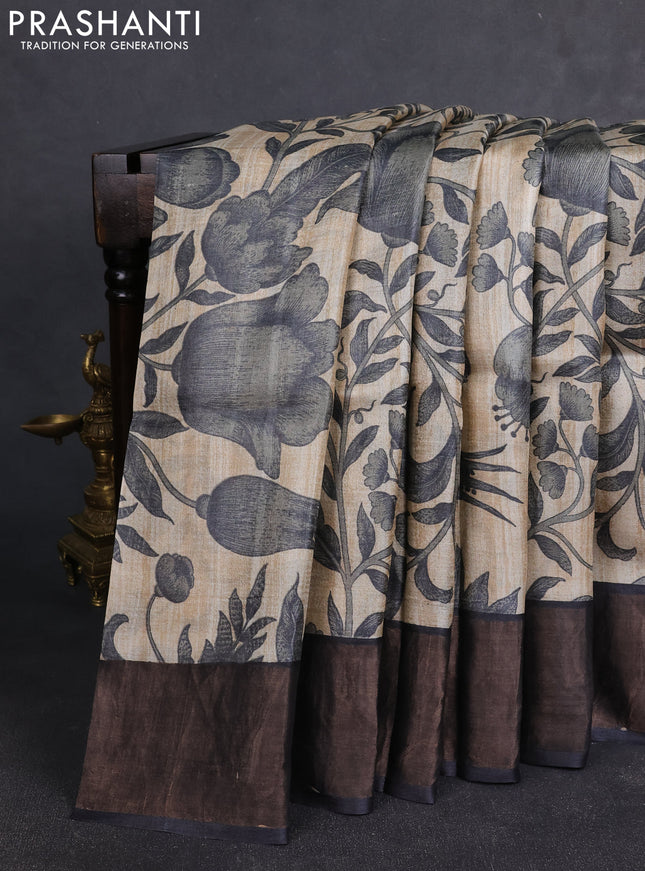 Pure tussar silk saree beige and black with allover prints and zari woven border