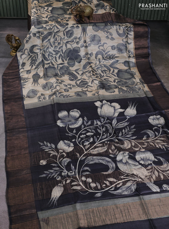 Pure tussar silk saree beige and black with allover prints and zari woven border