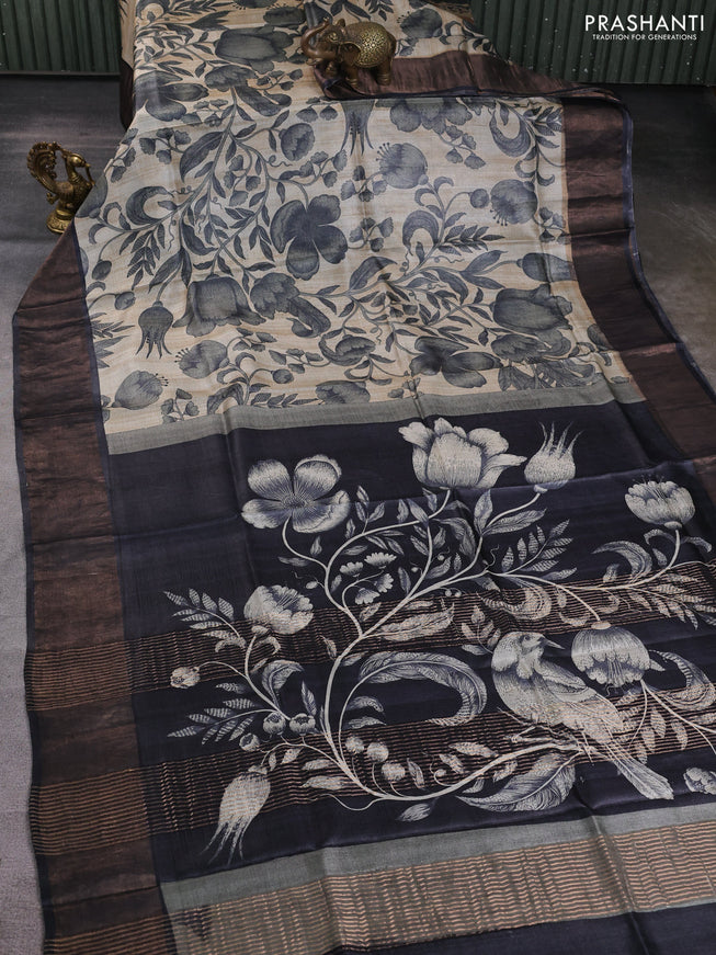 Pure tussar silk saree beige and black with allover prints and zari woven border