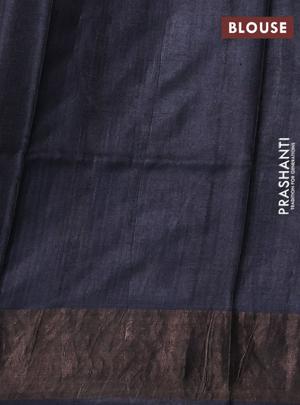 Pure tussar silk saree beige and black with allover prints and zari woven border