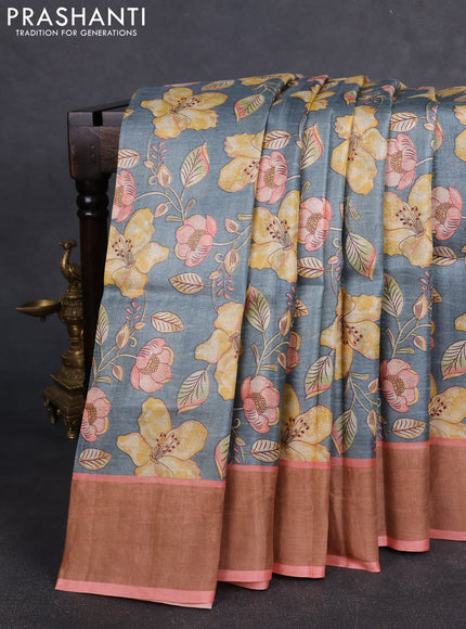 Pure tussar silk saree grey and peach shade with allover floral prints and zari woven border