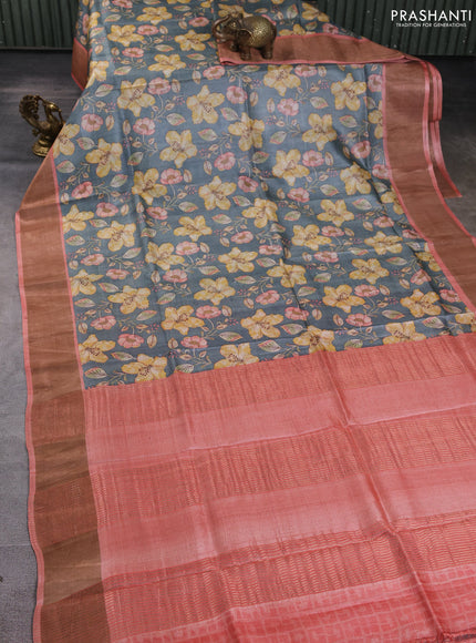 Pure tussar silk saree grey and peach shade with allover floral prints and zari woven border