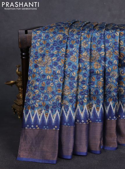 Pure tussar silk saree pastel blue and blue with allover kalamkari prints and zari woven border