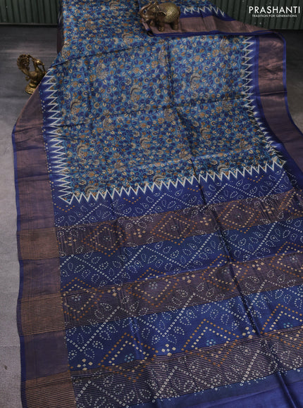 Pure tussar silk saree pastel blue and blue with allover kalamkari prints and zari woven border