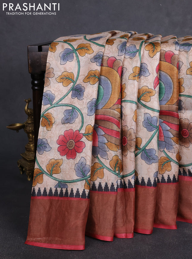 Pure tussar silk saree beige and maroon with allover kalamkari prints and zari woven border