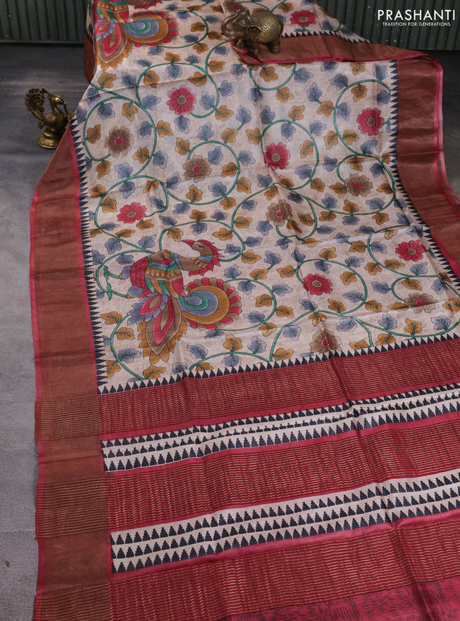 Pure tussar silk saree beige and maroon with allover kalamkari prints and zari woven border