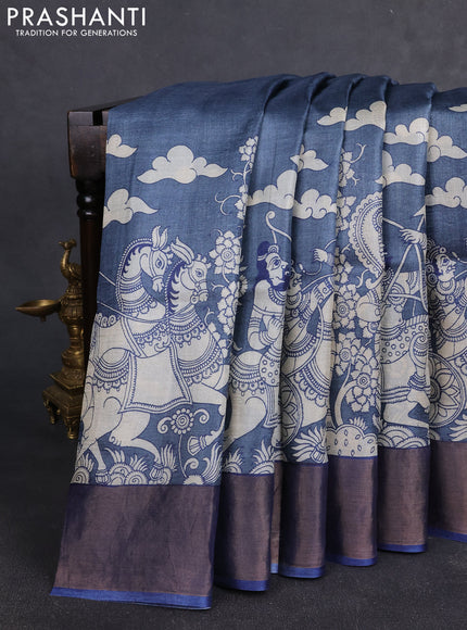 Pure tussar silk saree grey and blue with kalamkari prints and zari woven border