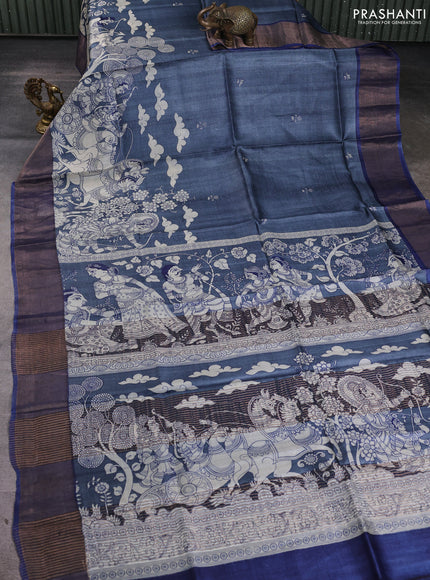 Pure tussar silk saree grey and blue with kalamkari prints and zari woven border