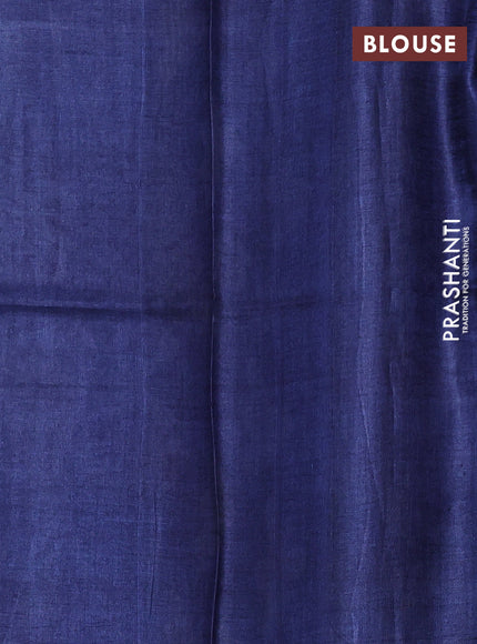 Pure tussar silk saree grey and blue with kalamkari prints and zari woven border