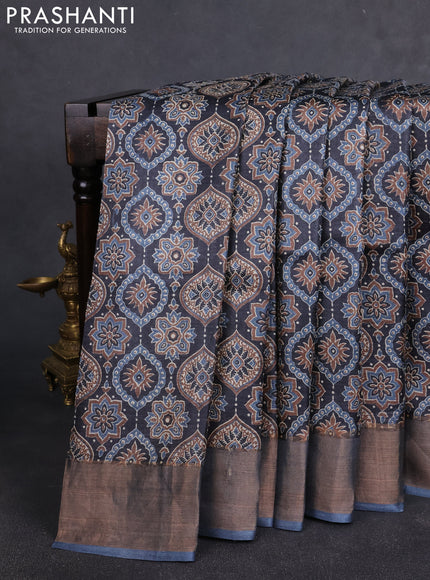 Pure tussar silk saree black and bluish grey with allover ajrakh prints and zari woven border