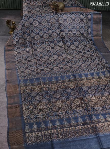 Pure tussar silk saree black and bluish grey with allover ajrakh prints and zari woven border