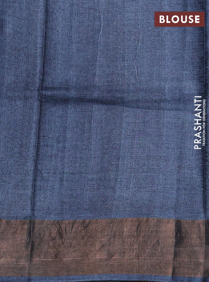Pure tussar silk saree black and bluish grey with allover ajrakh prints and zari woven border