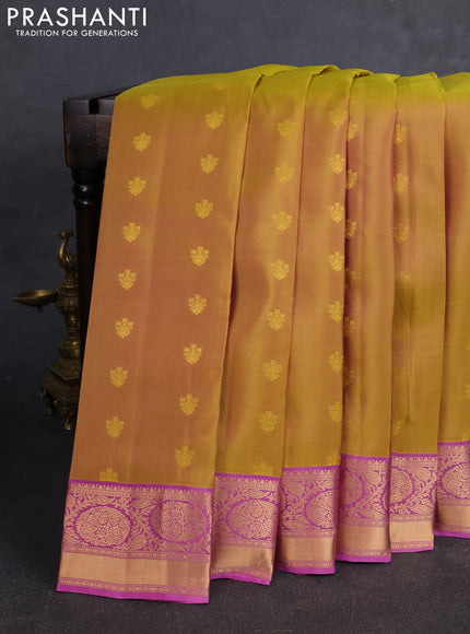 Kanchipuram silk saree yellow and pink with zari woven buttas and zari woven border