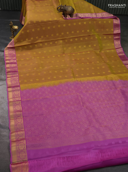 Kanchipuram silk saree yellow and pink with zari woven buttas and zari woven border