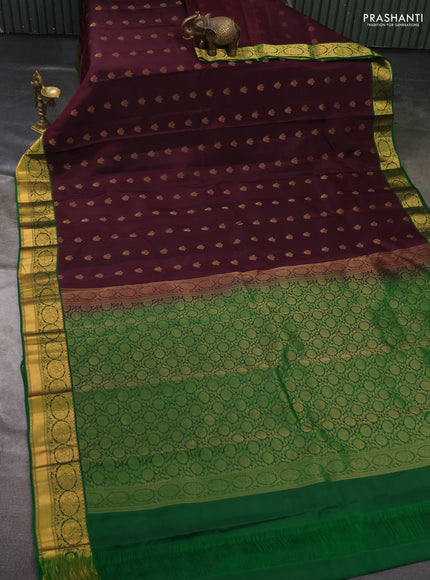 Kanchipuram silk saree deep wine and green with zari woven buttas and zari woven border