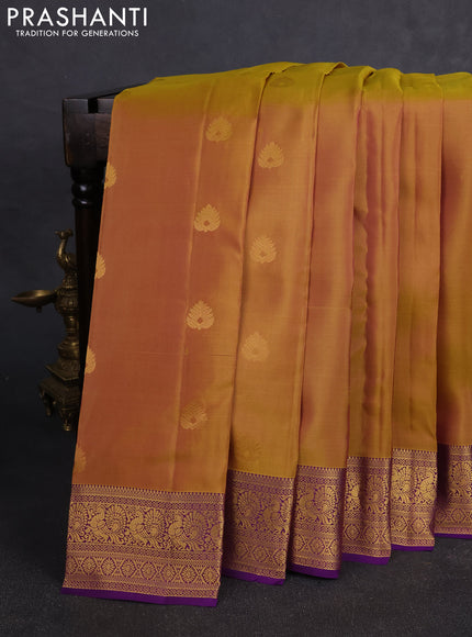 Kanchipuram silk saree dual shade of mustard and violet with zari woven buttas and zari woven border