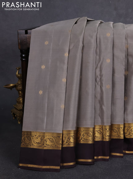 Kanchipuram silk saree grey and deep jamun with zari woven buttas and rettapet zari woven border