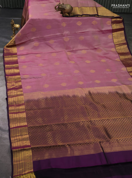Kanchipuram silk saree pink shade and deep violet with zari woven buttas and zari woven border
