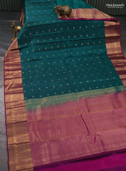 Kanchipuram silk saree peacock green and magenta pink with zari woven buttas and zari woven border