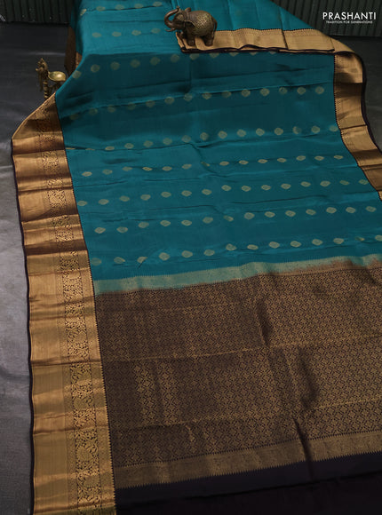 Kanchipuram silk saree teal green and deep jamun with zari woven buttas and zari woven border