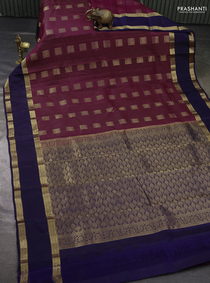 Kanchipuram silk saree magenta pink and navy blue with allover zari weaves & box type buttas and rettapet zari woven border