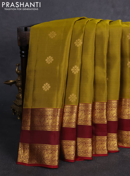 Kanchipuram silk saree mehendi green and maroon with allover zari woven buttas and rettapet zari woven border
