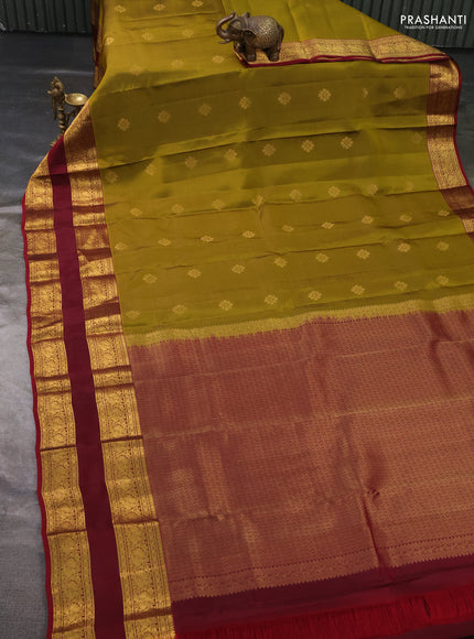 Kanchipuram silk saree mehendi green and maroon with allover zari woven buttas and rettapet zari woven border