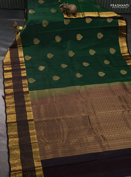 Kanchipuram silk saree green and coffee brown with allover zari woven buttas and long rich zari woven border